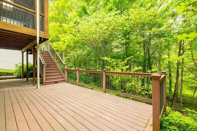 4936 Ravine Ct, Ann Arbor, MI 48105 - wooden terrace featuring stairway and a forest view