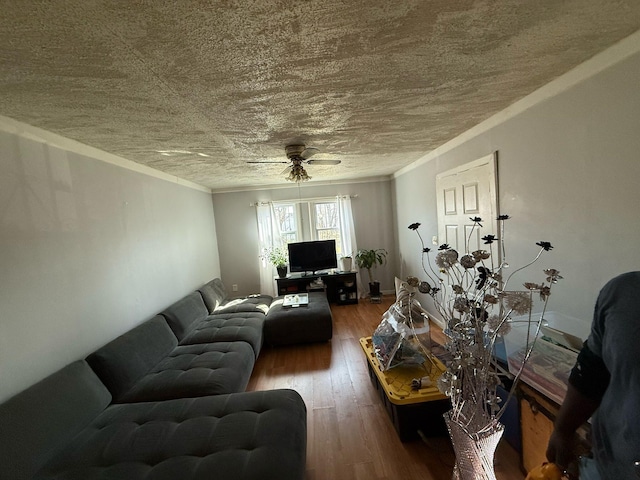 18294 Marlowe St, Detroit, MI 48235 - living area with wood-type flooring, a ceiling fan, ornamental molding, and a textured ceiling