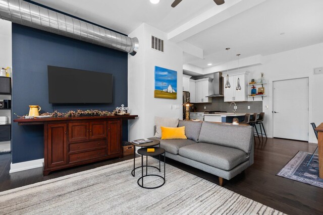 211 W Kingsley St, Ann Arbor, MI 48103 - living room featuring dark wood-style flooring, ceiling fan, and recessed lighting