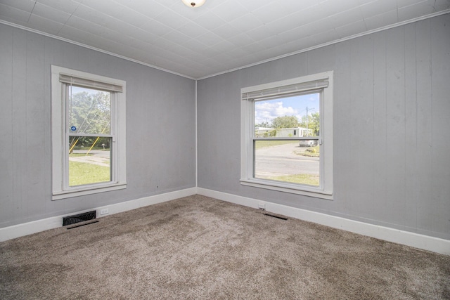 527 Jackson St W, Battle Creek, MI 49037 - carpeted empty room featuring ornamental molding, wooden walls, and baseboards