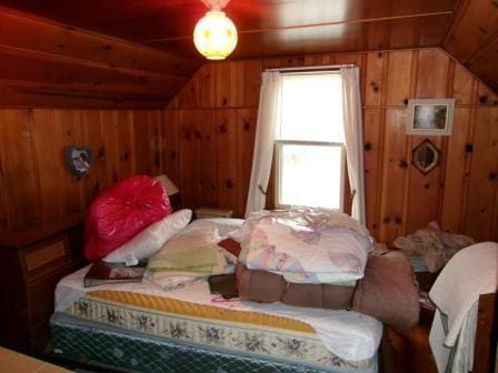 98 Reading Ave, Hillsdale, MI 49242 - bedroom featuring lofted ceiling and wood walls