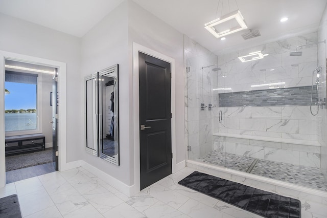 104 Highview Ct, Brooklyn, MI 49230 - full bathroom with marble finish floors, a stall shower, baseboards, and recessed lighting