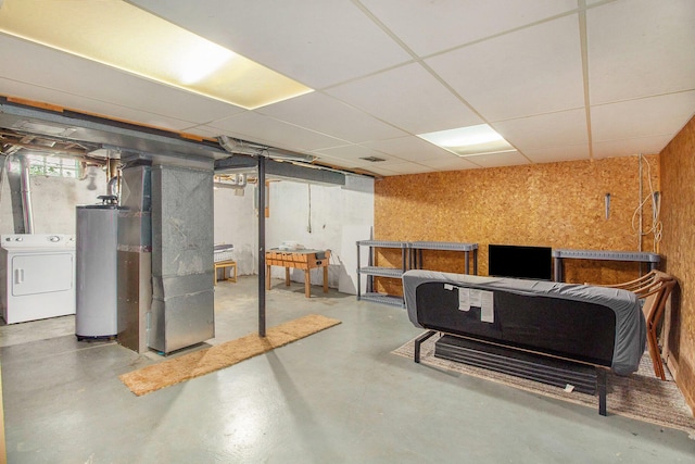 3146 Wolverine Dr, Ann Arbor, MI 48108 - basement with washer / dryer, gas water heater, heating unit, and a drop ceiling