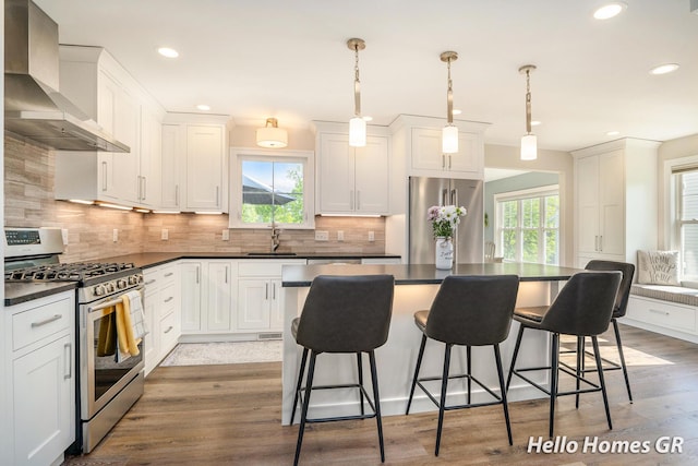 535 N Creek Ct NE, Rockford, MI 49341 - kitchen featuring appliances with stainless steel finishes, wall chimney exhaust hood, a sink, dark countertops, and healthy amount of natural light