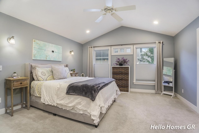 535 N Creek Ct NE, Rockford, MI 49341 - bedroom featuring carpet flooring, vaulted ceiling, baseboards, recessed lighting, and a ceiling fan