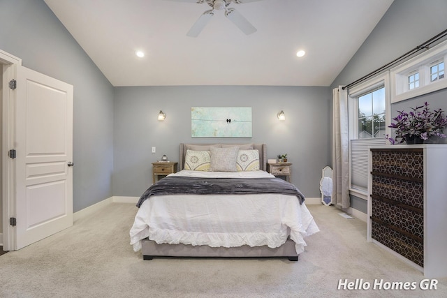 535 N Creek Ct NE, Rockford, MI 49341 - bedroom featuring lofted ceiling, light carpet, recessed lighting, baseboards, and a ceiling fan