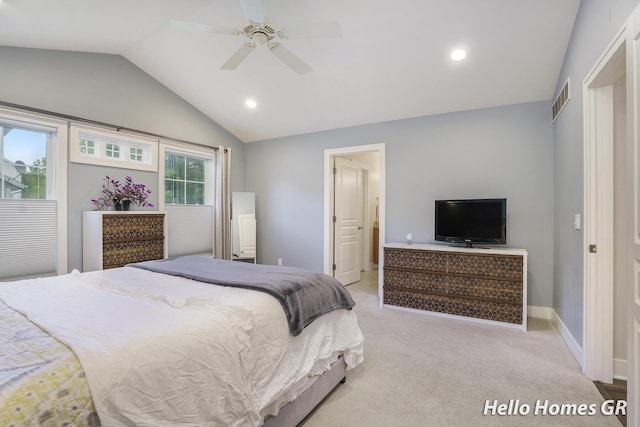 535 N Creek Ct NE, Rockford, MI 49341 - bedroom featuring lofted ceiling, light colored carpet, recessed lighting, a ceiling fan, and baseboards