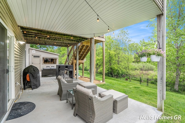535 N Creek Ct NE, Rockford, MI 49341 - view of patio / terrace with stairs, a grill, an outdoor structure, an outdoor living space, and view of wooded area