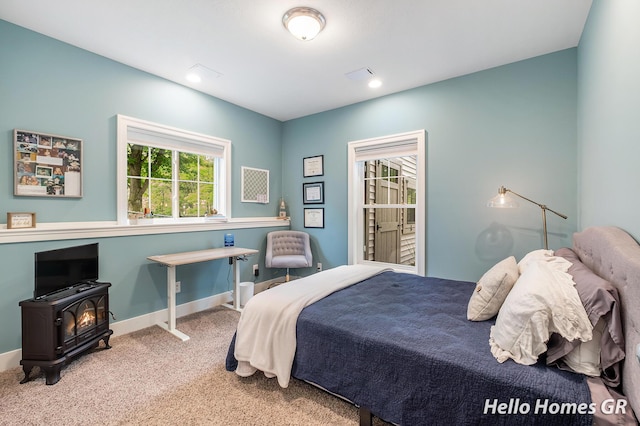 535 N Creek Ct NE, Rockford, MI 49341 - bedroom with a wood stove, carpet, and baseboards