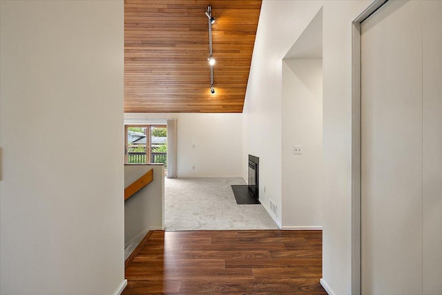 2 Eastbury Ct, Ann Arbor, MI 48105 - hall featuring wooden ceiling, vaulted ceiling, carpet floors, and baseboards