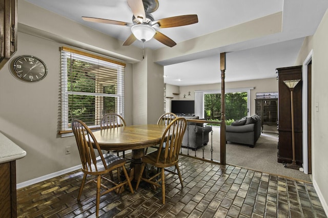 14436 Fairway St, Livonia, MI 48154 - dining space featuring ceiling fan, baseboards, and brick floors