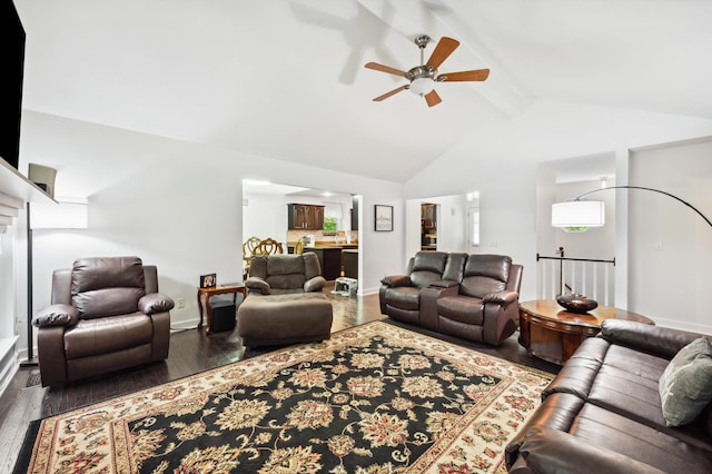 4085 Ravina Ter, Saint Joseph, MI 49085 - living room with beam ceiling, ceiling fan, wood finished floors, baseboards, and high vaulted ceiling
