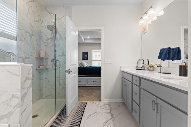2771 Silo Dr, Saline, MI 48176 - ensuite bathroom with marble finish flooring, a marble finish shower, double vanity, and baseboards