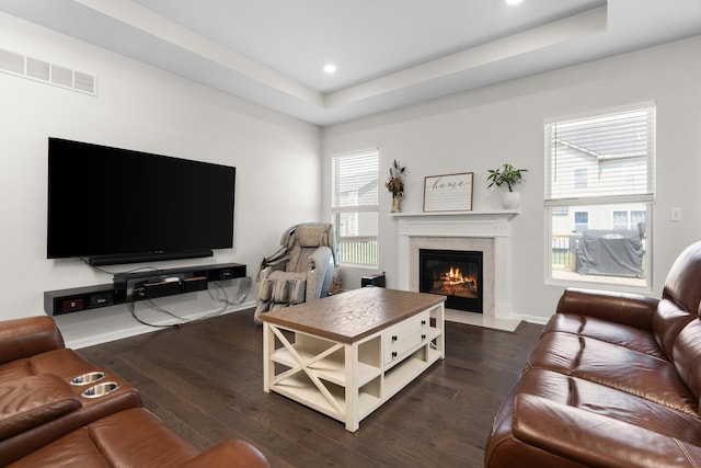 2771 Silo Dr, Saline, MI 48176 - living area with a raised ceiling, a high end fireplace, wood finished floors, recessed lighting, and baseboards