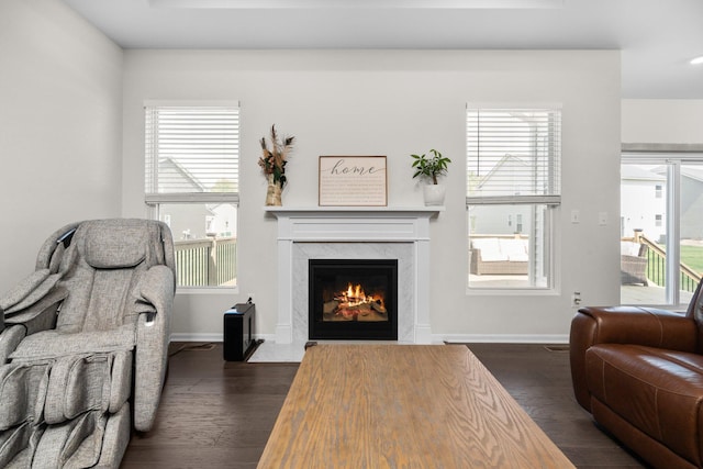 2771 Silo Dr, Saline, MI 48176 - living room featuring a fireplace, dark wood finished floors, and baseboards