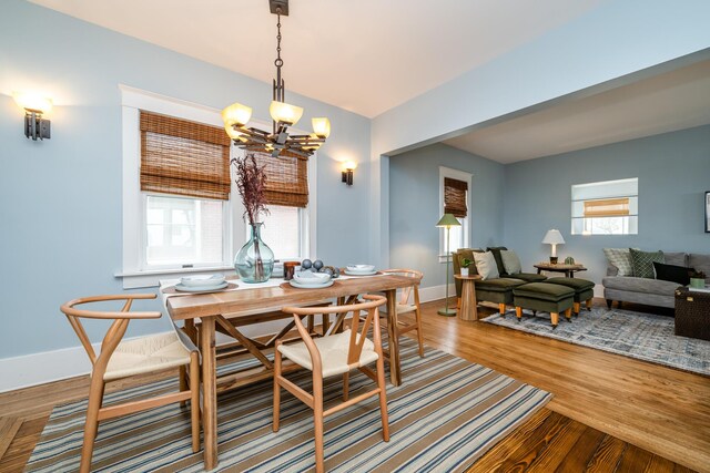 1701 Forres Ave, Saint Joseph, MI 49085 - dining room featuring a chandelier, wood finished floors, and baseboards