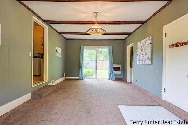 2576 Vine Ave, Muskegon, MI 49442 - unfurnished living room with carpet flooring, beamed ceiling, and heating unit