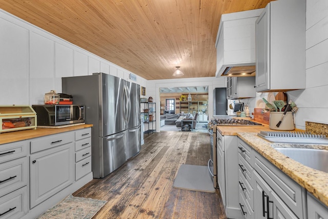 9410 US Highway 12, Brooklyn, MI 49230 - kitchen with wooden ceiling, stainless steel appliances, dark wood-style floors, butcher block counters, and custom range hood