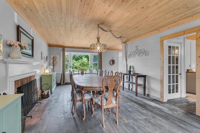 9410 US Highway 12, Brooklyn, MI 49230 - dining area with wooden ceiling, hardwood / wood-style floors, a chandelier, and a fireplace