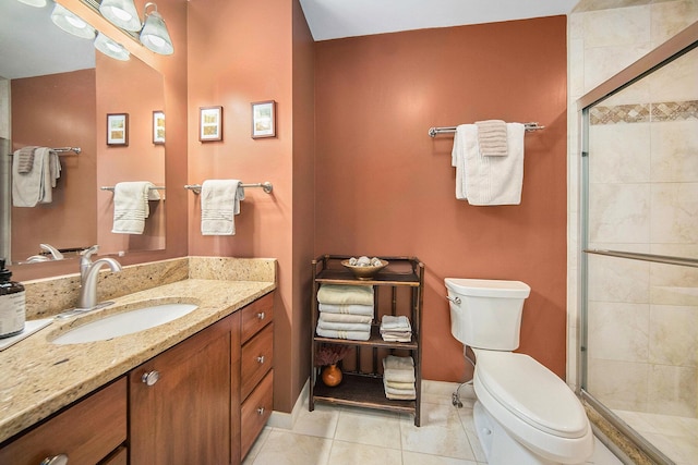 7643 Cottonwood Ln, Dexter, MI 48130 - bathroom featuring toilet, vanity, a shower stall, tile patterned floors, and baseboards