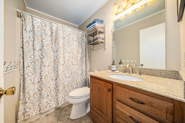 7643 Cottonwood Ln, Dexter, MI 48130 - bathroom featuring vanity, toilet, ornamental molding, and a shower with shower curtain