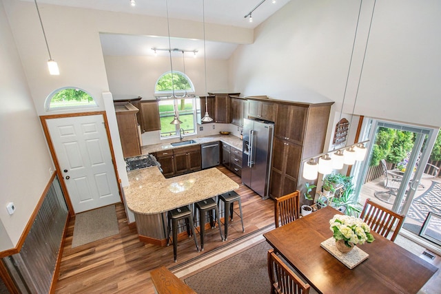 9324 Perry St, Zeeland, MI 49464 - kitchen featuring appliances with stainless steel finishes, high vaulted ceiling, a sink, light wood-style flooring, and light stone countertops