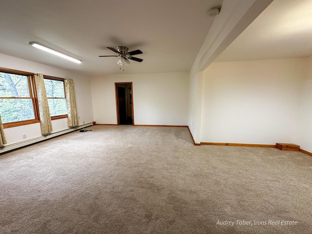 4307 N Mac Rd, Irons, MI 49644 - unfurnished room featuring baseboards, carpet flooring, a ceiling fan, a baseboard heating unit, and a smoke detector