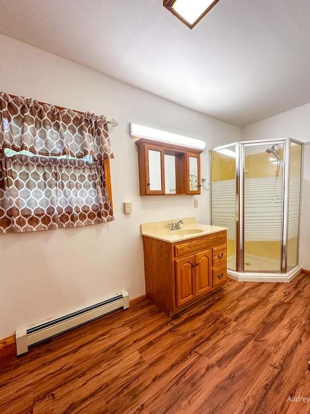 4307 N Mac Rd, Irons, MI 49644 - full bath with a baseboard radiator, wood finished floors, vanity, and a stall shower