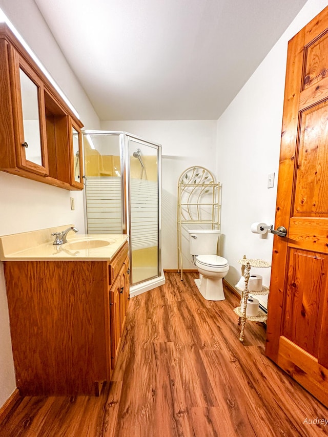 4307 N Mac Rd, Irons, MI 49644 - bathroom with wood finished floors, vanity, a stall shower, toilet, and baseboards
