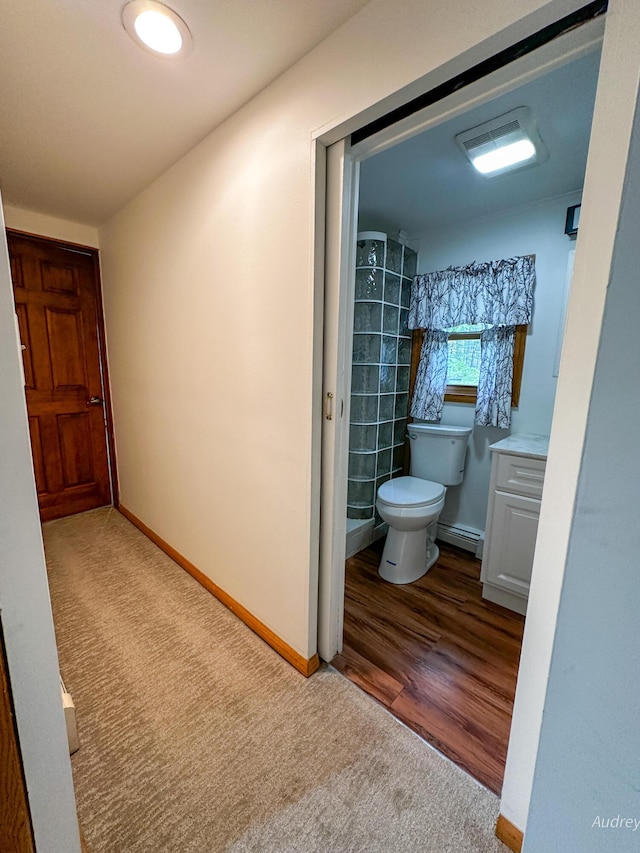 4307 N Mac Rd, Irons, MI 49644 - full bathroom featuring toilet, vanity, a baseboard heating unit, baseboards, and a shower