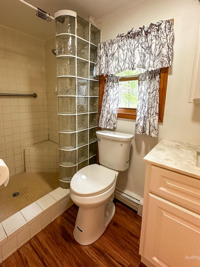 4307 N Mac Rd, Irons, MI 49644 - bathroom featuring a baseboard radiator, wood finished floors, a walk in shower, vanity, and ornamental molding