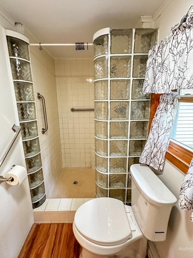 4307 N Mac Rd, Irons, MI 49644 - full bathroom with a walk in shower, toilet, wood finished floors, and ornamental molding