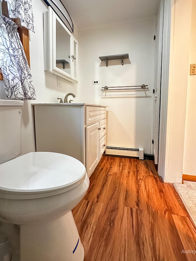 4307 N Mac Rd, Irons, MI 49644 - bathroom with baseboard heating, wood finished floors, toilet, and vanity