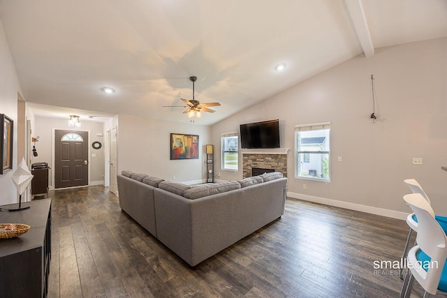 8637 Rainbows End Rd SE, Caledonia, MI 49316 - living room featuring dark wood-style flooring, a ceiling fan, a fireplace, and recessed lighting