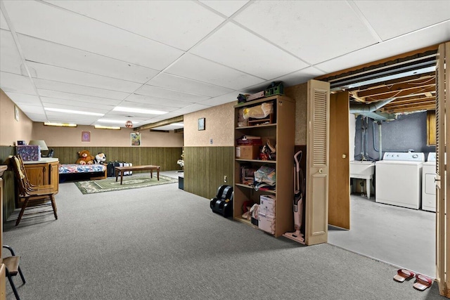 35519 Canyon Dr, Westland, MI 48186 - finished basement with a paneled ceiling, wainscoting, washer and clothes dryer, carpet flooring, and a sink