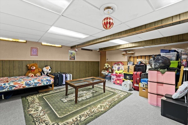 35519 Canyon Dr, Westland, MI 48186 - rec room with carpet floors, a paneled ceiling, a wainscoted wall, and wood walls