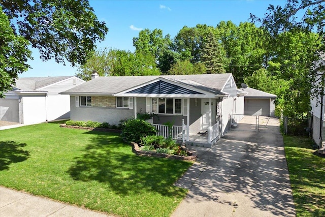 35519 Canyon Dr, Westland, MI 48186 - ranch-style home with a front yard, a garage, covered porch, a chimney, and an outbuilding