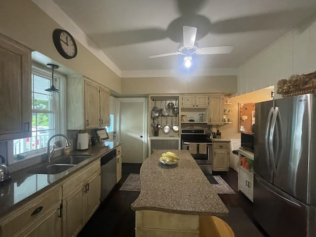 7100 Wing Lake Rd, Bloomfield Hills, MI 48301 - kitchen with stainless steel appliances, ceiling fan, a center island, open shelves, and dark stone counters