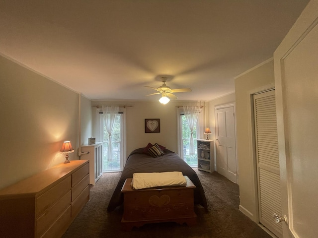 7100 Wing Lake Rd, Bloomfield Hills, MI 48301 - bedroom with access to outside, dark colored carpet, and a ceiling fan
