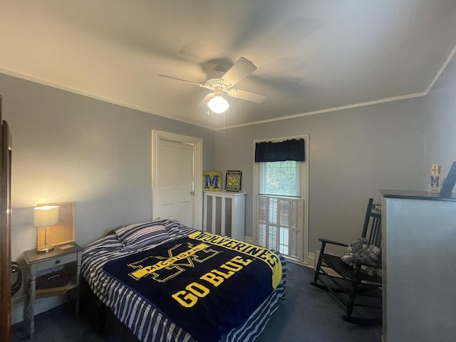 7100 Wing Lake Rd, Bloomfield Hills, MI 48301 - bedroom featuring dark colored carpet, a ceiling fan, and ornamental molding