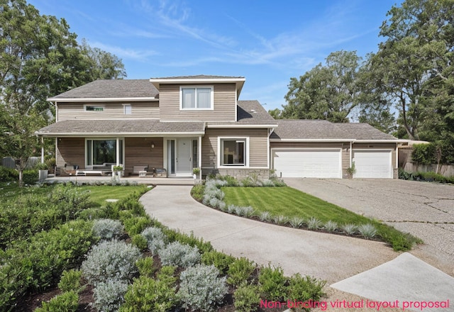 5643 Ivanrest Ave SW, Wyoming, MI 49418 - view of front facade with concrete driveway, a garage, covered porch, a front yard, and stone siding
