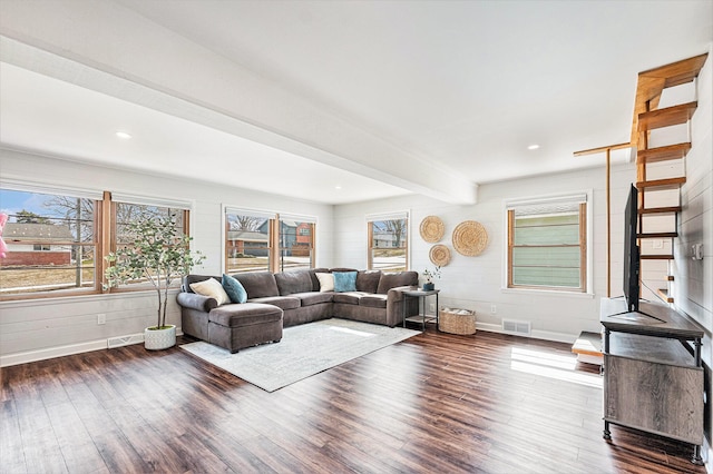 403 N Helen Ave, Rochester, MI 48307 - living room with dark wood-style floors, beamed ceiling, baseboards, and recessed lighting
