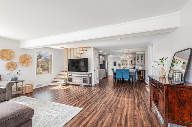 403 N Helen Ave, Rochester, MI 48307 - living area with dark wood finished floors, baseboards, a chandelier, recessed lighting, and beam ceiling