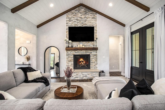 18919 I Dr N, Marshall, MI 49068 - living room with wood finished floors, french doors, a fireplace, wood ceiling, and recessed lighting