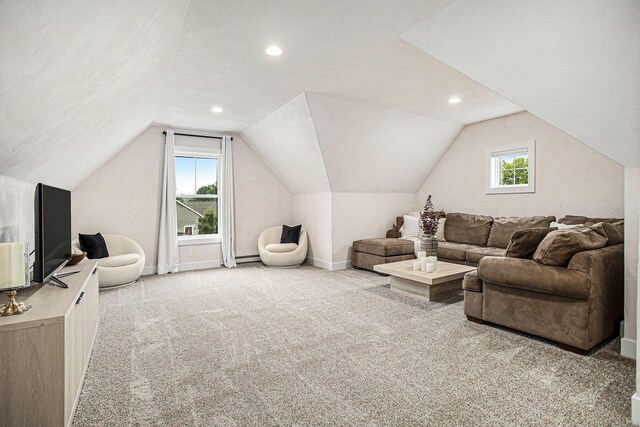 18919 I Dr N, Marshall, MI 49068 - carpeted living area with vaulted ceiling, baseboards, and recessed lighting