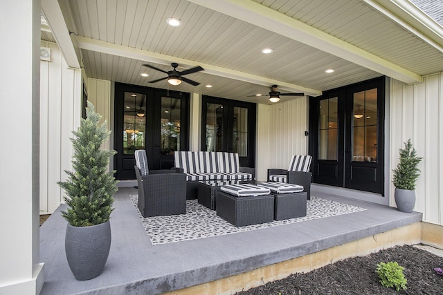 18919 I Dr N, Marshall, MI 49068 - view of patio / terrace featuring french doors, a ceiling fan, and an outdoor hangout area