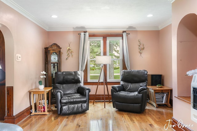 10551 James St, Zeeland, MI 49464 - living area with arched walkways, wood-type flooring, crown molding, recessed lighting, and baseboards