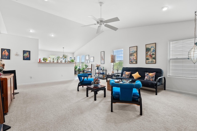 8761 Aveling Way, Richland, MI 49083 - carpeted living room with baseboards, lofted ceiling, ceiling fan, and recessed lighting