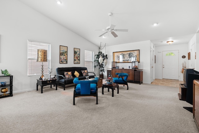 8761 Aveling Way, Richland, MI 49083 - living area featuring light colored carpet, ceiling fan, lofted ceiling, and baseboards