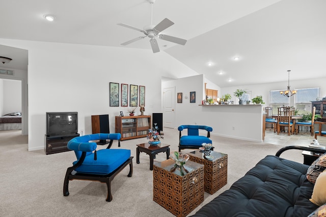 8761 Aveling Way, Richland, MI 49083 - living room featuring light carpet, baseboards, lofted ceiling, a chandelier, and a ceiling fan
